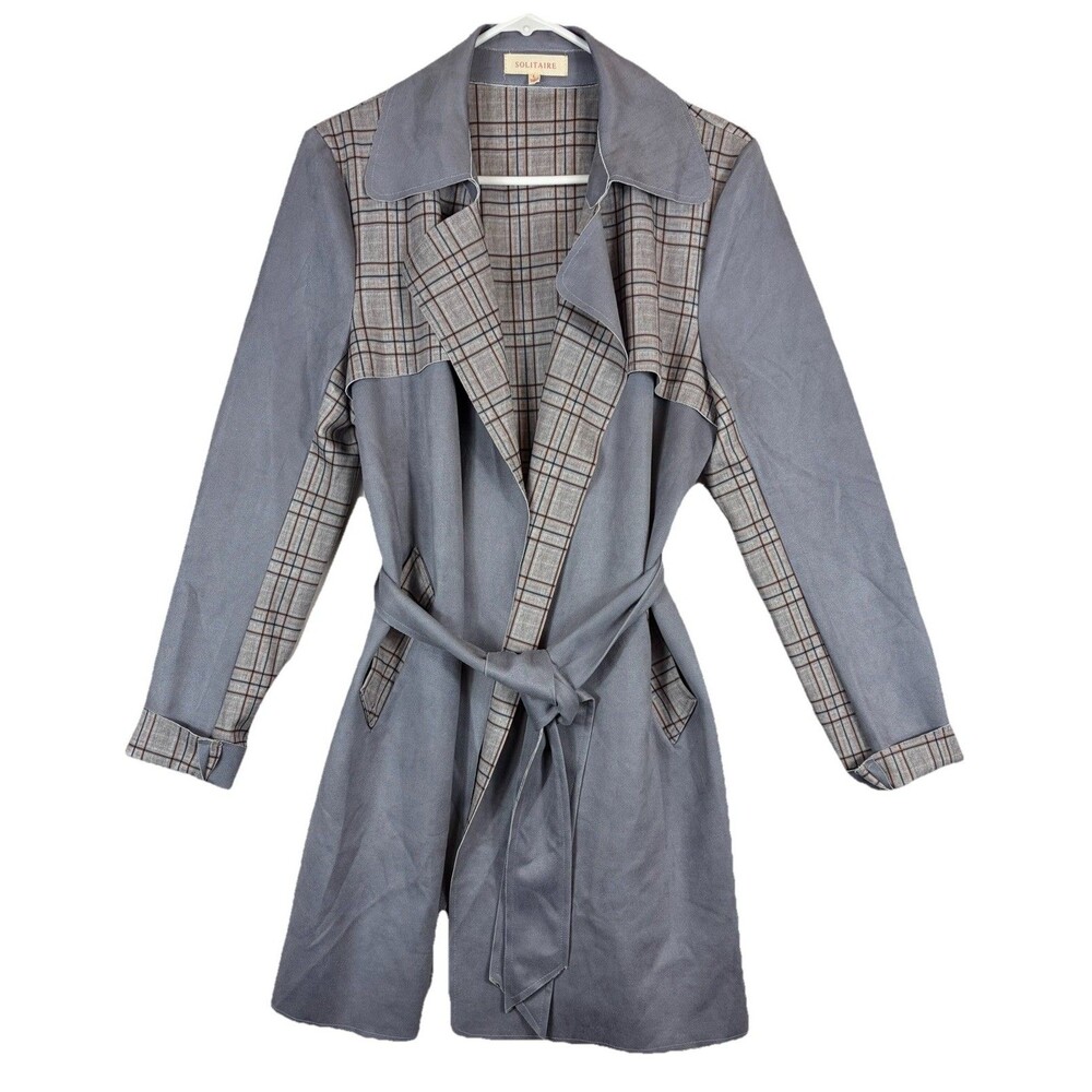 Anthropologie Solitaire Vegan Suede Gray & Plaid Unlined Trench Coat Women’s L